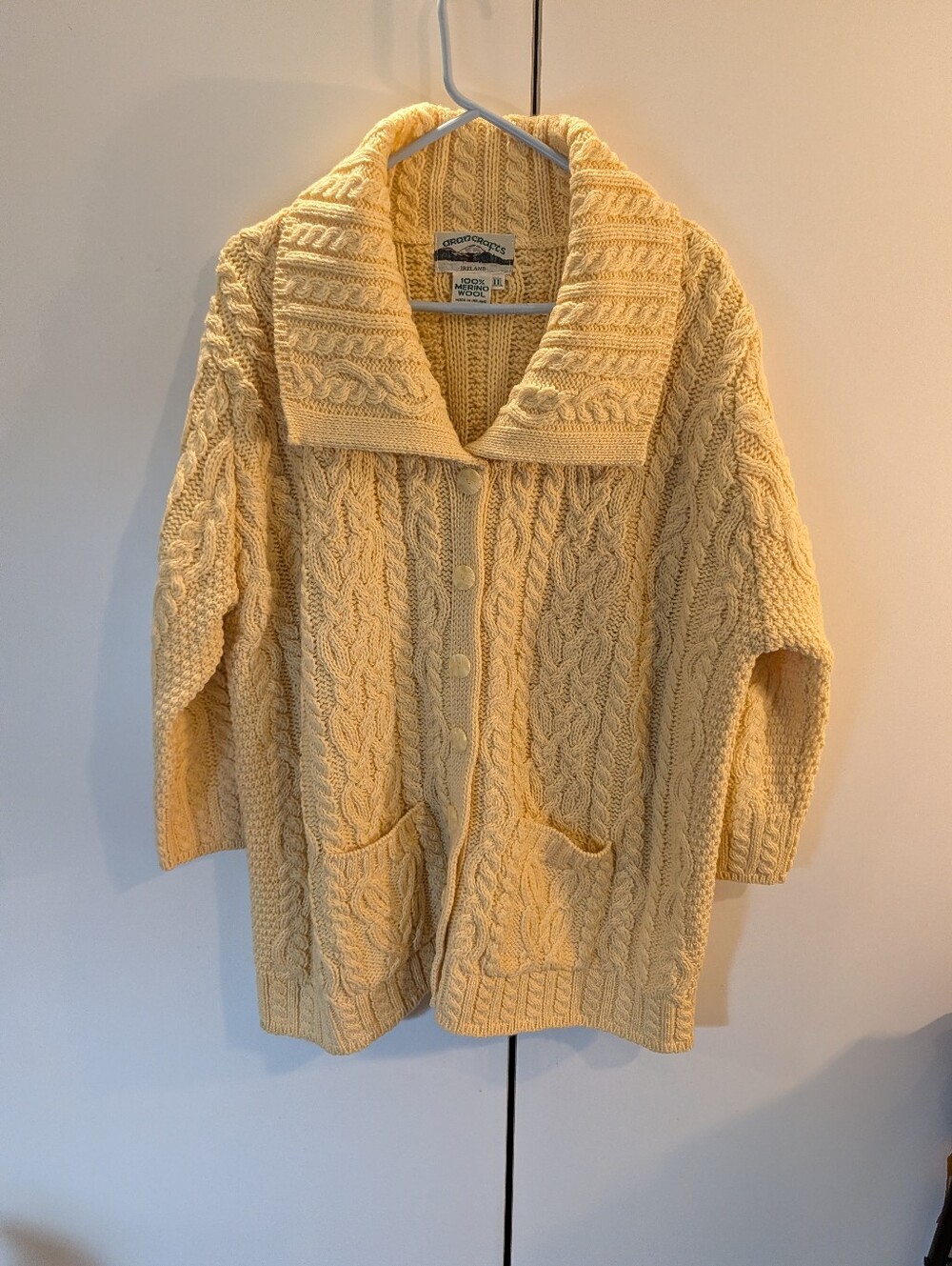 Aran Crafts Ireland XXL Cozy Yellow Wool Cable Knit Button-Front Cardigan